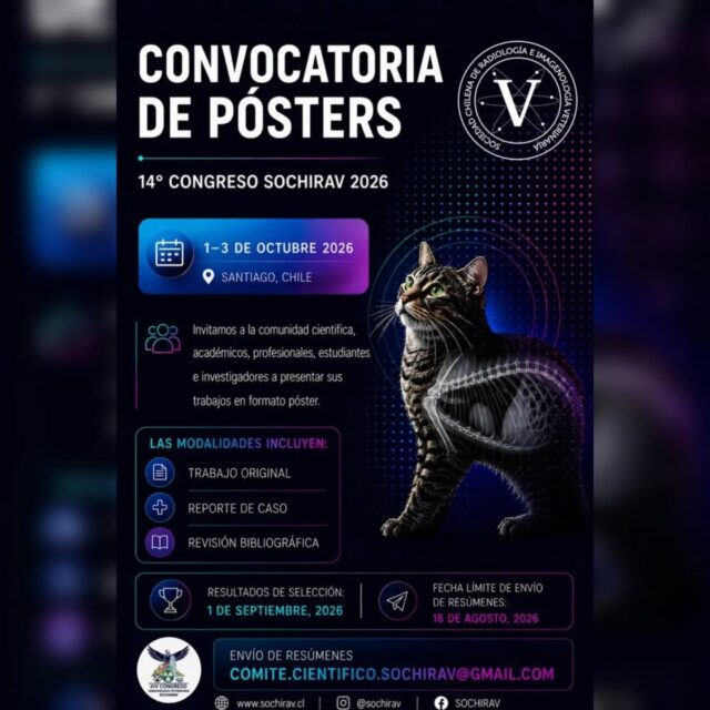 ¿Cuántas veces has visto un caso en el ecógrafo o en la radiografía y has dicho: "Esto deberíamos publicarlo"? 🧐💥 ¡Llegó el momento de pasar de la intención a la acción!
La convocatoria para la presentación de Pósters Científicos del 14° Congreso SOCHIRAV 2026 ya está oficialmente abierta. Queremos que nuestra comunidad sea la protagonista y muestre el altísimo nivel de la imagenología veterinaria actual.
Puedes participar en tres modalidades:
📝 Trabajo Original
🐾 Reporte de Caso
📚 Revisión Bibliográfica
No guardes esa casuística tan valiosa en el computador de la clínica. ¡Compártela con tus colegas y haz crecer la profesión!
⏳ ¿Hasta cuándo hay plazo? Tienes hasta el 16 de agosto de 2026 para enviar tu resumen.
📧 ¿Dónde escribir? Al correo: comite.cientifico.sochirav@gmail.com
¡Sintoniza tu transductor, afina el ojo clínico y postula ya! 🧠🔬